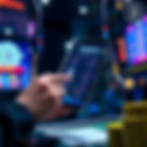 A person checking a checklist on a tablet while surrounded by casino-themed graphics and crypto symbols, representing the process of verifying online casinos.