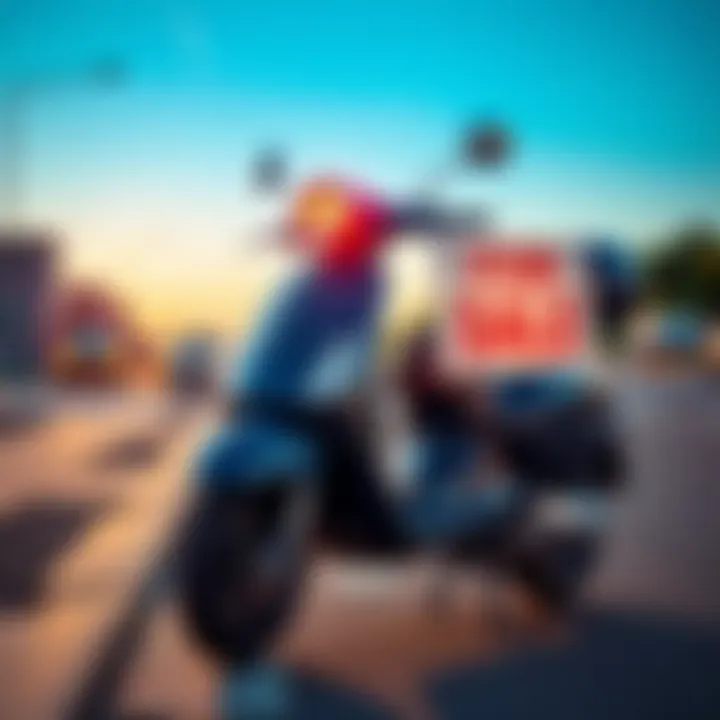 A Vespa GTV scooter parked with a 'For Sale' sign, symbolizing a recent sale for $5500 and a shift to Bitcoin investment.