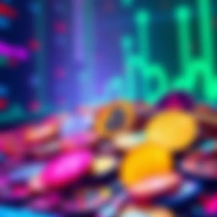 A colorful display of various memecoins representing their cultural significance and competition, set against a digital backdrop.