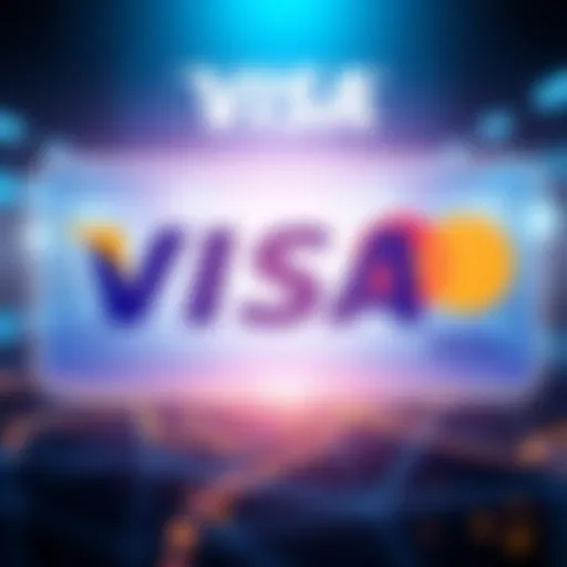Visa logo with a graphic showing its dominance in the crypto card market, highlighting 72% of transactions with a contrasting Mastercard logo in the background.