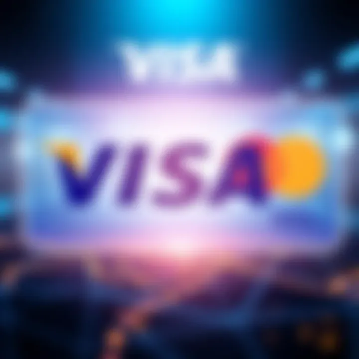 Visa logo with a graphic showing its dominance in the crypto card market, highlighting 72% of transactions with a contrasting Mastercard logo in the background.
