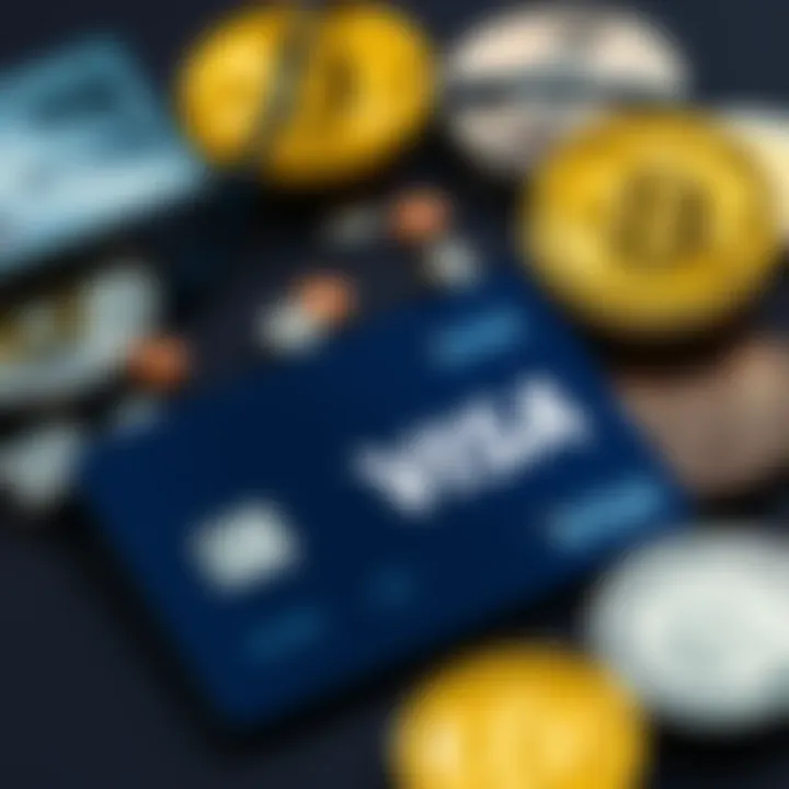 A Visa card sits next to various cryptocurrency coins, symbolizing the connection between traditional finance and digital currencies.
