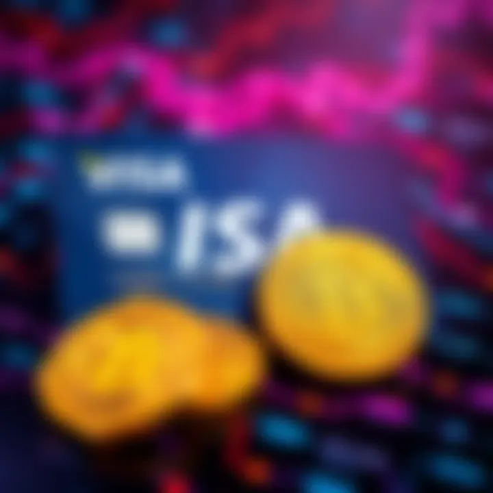 A Visa card alongside digital representations of stablecoins, showcasing the integration of digital currency into everyday payments
