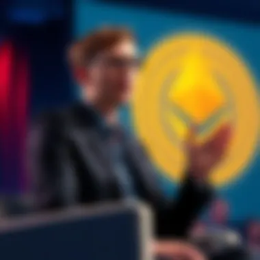 Vitalik Buterin speaking at a conference, expressing concerns about BlackRock's influence on Ethereum