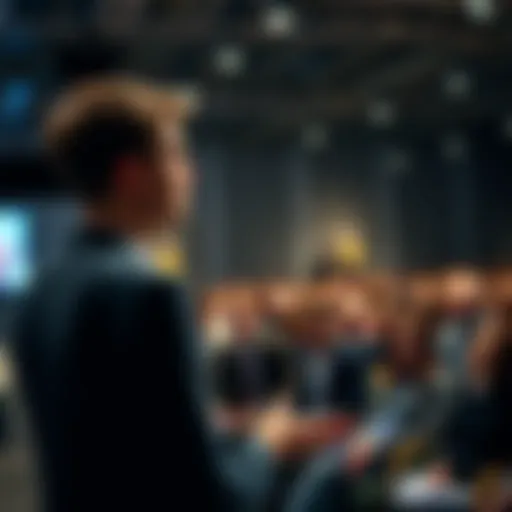 Vitalik Buterin giving a speech about new democratic approaches in a public setting, with an engaged audience in the background.