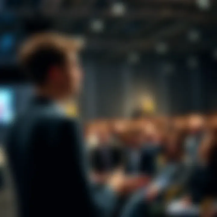 Vitalik Buterin giving a speech about new democratic approaches in a public setting, with an engaged audience in the background.