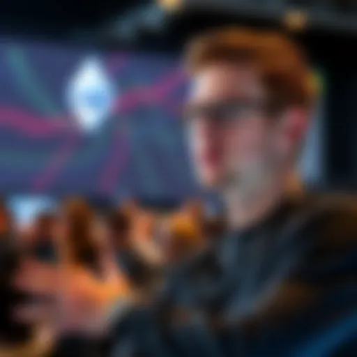 Vitalik Buterin speaking at a tech conference about the role of the Ethereum Foundation in the network