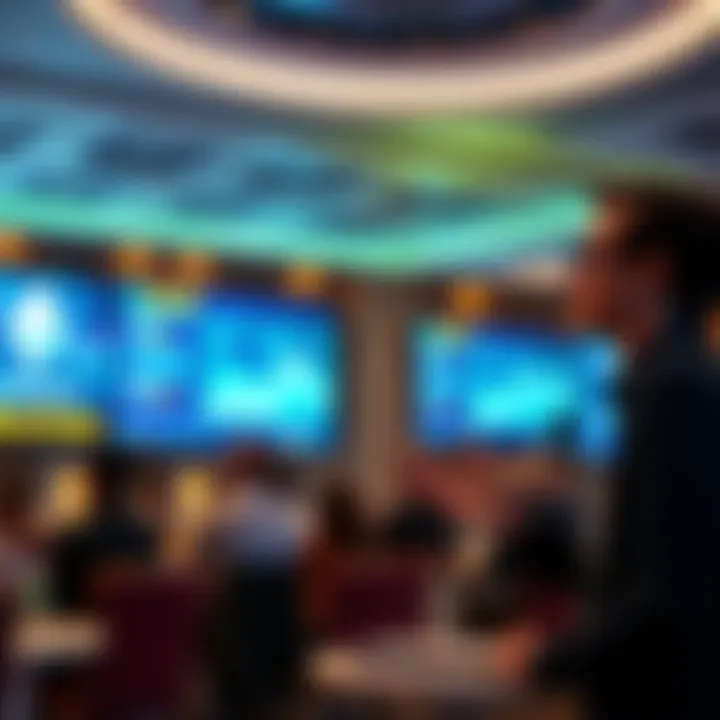 Vitalik Buterin speaking about Ethereum's layer-2 solutions at a conference, with a presentation screen in the background showing blockchain graphics.