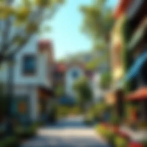 A view of a private, walkable town featuring homes, cafes, and green parks, designed for pedestrians with no car traffic.