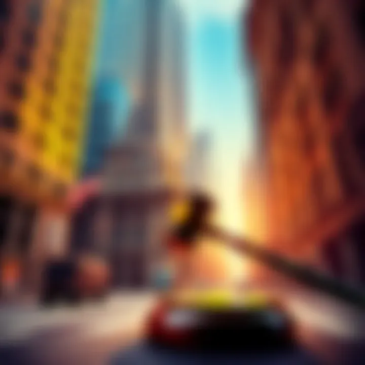 Wall Street bank buildings with a gavel symbolizing legal action against crypto shadow banks