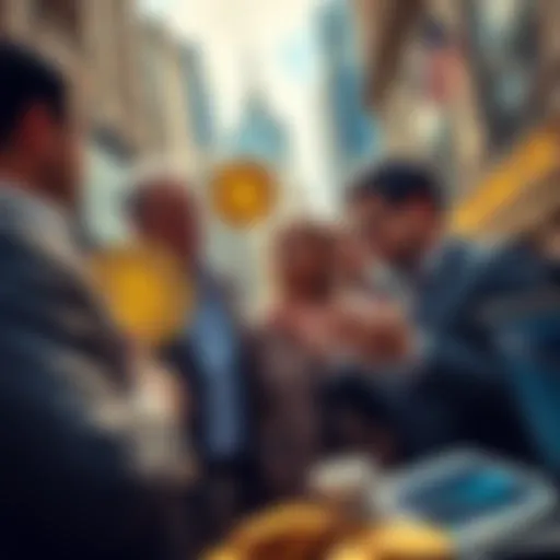 A group of Wall Street professionals discussing Bitcoin with excitement, showcasing charts and digital currency images.