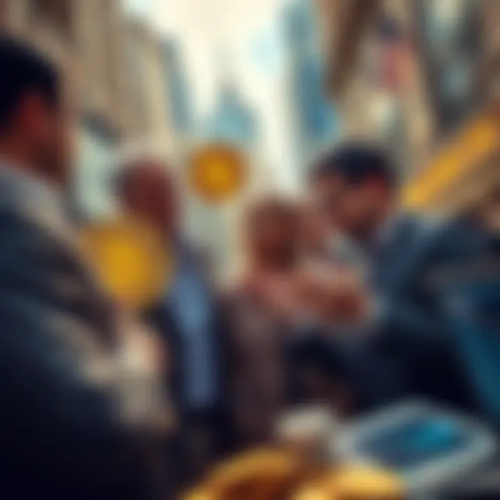 A group of Wall Street professionals discussing Bitcoin with excitement, showcasing charts and digital currency images.