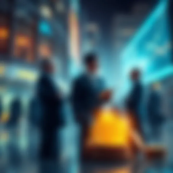 Financial professionals in suits discussing Bitcoin with charts and graphs in the background, symbolizing Wall Street's acceptance of cryptocurrency