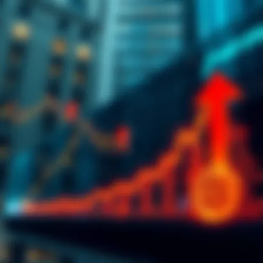 Graph showing Wall Street's decline with falling stock lines and a contrasting rise in Bitcoin with upward arrows