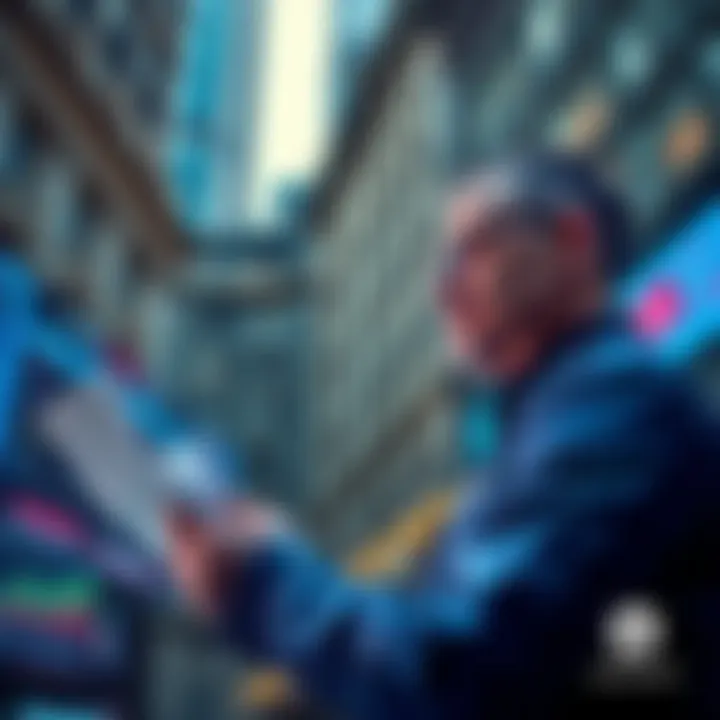 A financial analyst observing charts and data on prediction markets, with Wall Street background and the Polymarket logo visible.