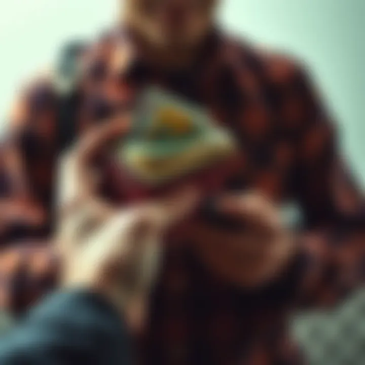 A person examining a worn wallet found after two years, with various cards and cash visible inside.