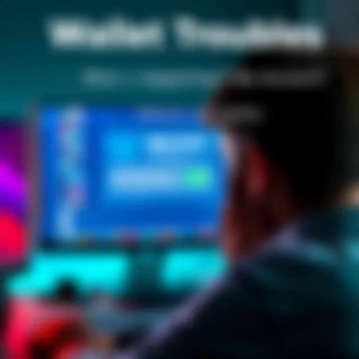 A person looking frustrated at a computer screen showing a wallet login error message