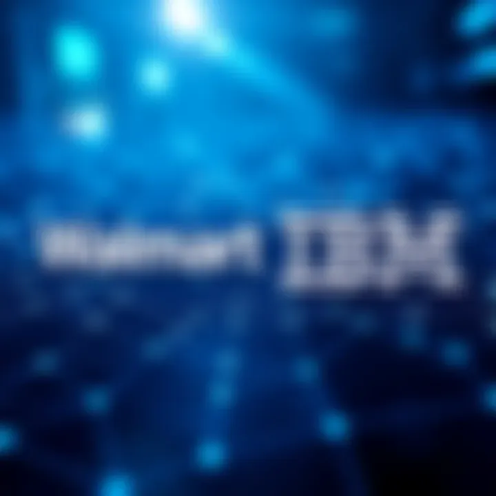 A representation of Walmart and IBM logos with a blockchain network graphic in the background, highlighting their supply chain project.