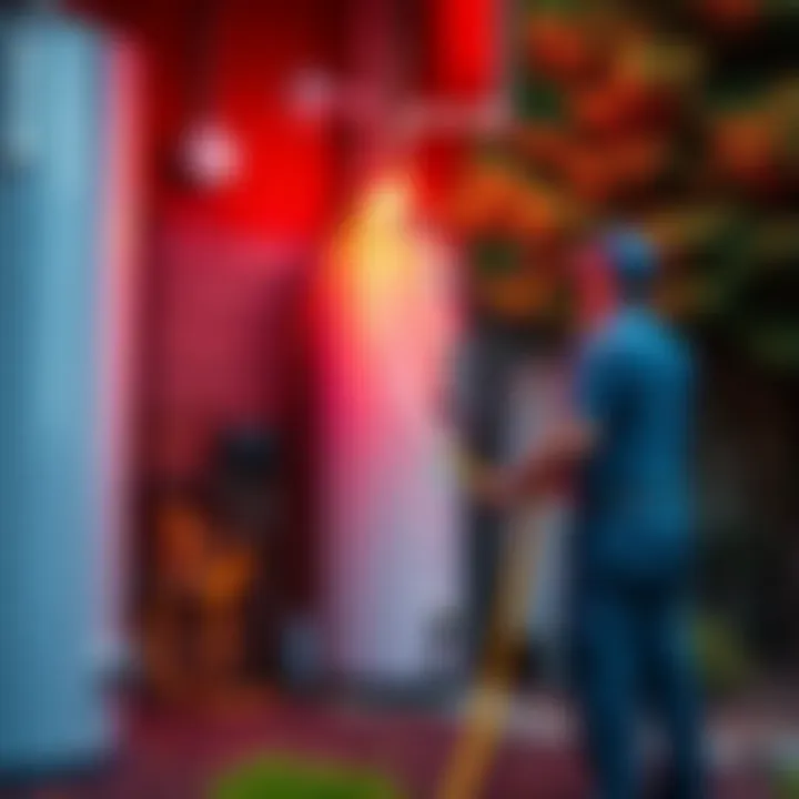 Technician flushing a water heater with a hose in a backyard.