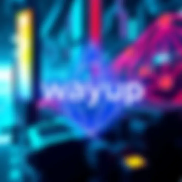 An illustration of the Wayup marketplace logo with Cardano's blockchain elements in the background