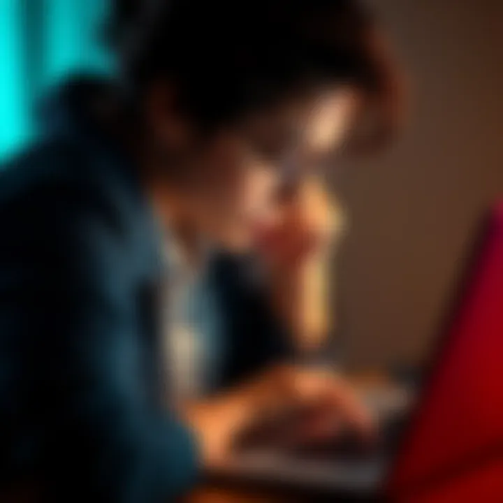 A person looking at a laptop, concerned about hidden cryptocurrency during a divorce.
