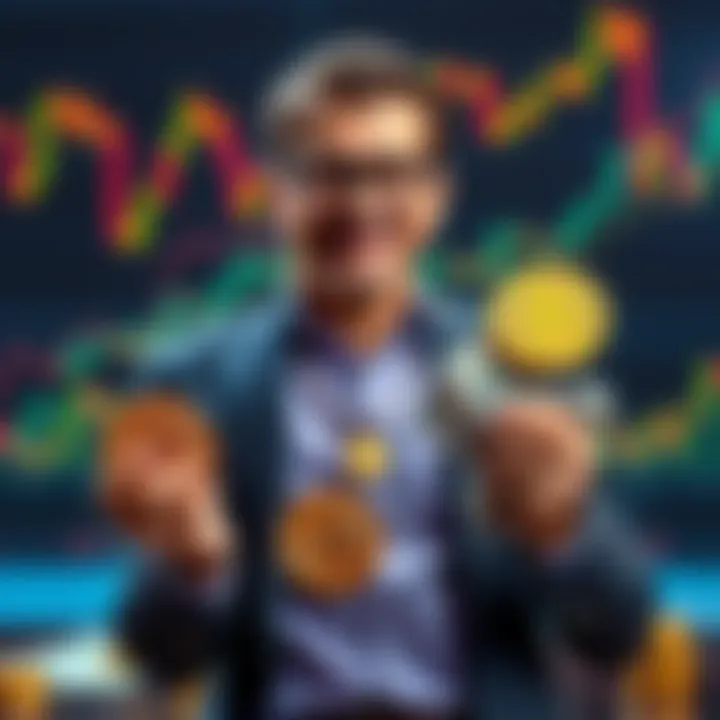 Wealthy Individual with Bitcoin A wealthy person confidently holding Bitcoin symbols with a backdrop of financial charts and cash, representing the strategy of borrowing against Bitcoin to avoid taxes.