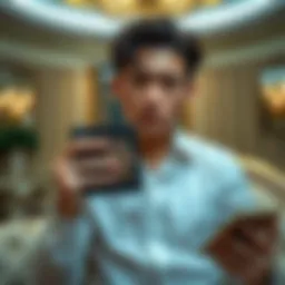 Young adult in a luxurious setting, looking distressed while holding a crypto wallet, symbolizing theft from his father's business.