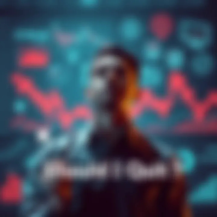 Individual contemplating whether to quit current job for trading, with charts and financial symbols around