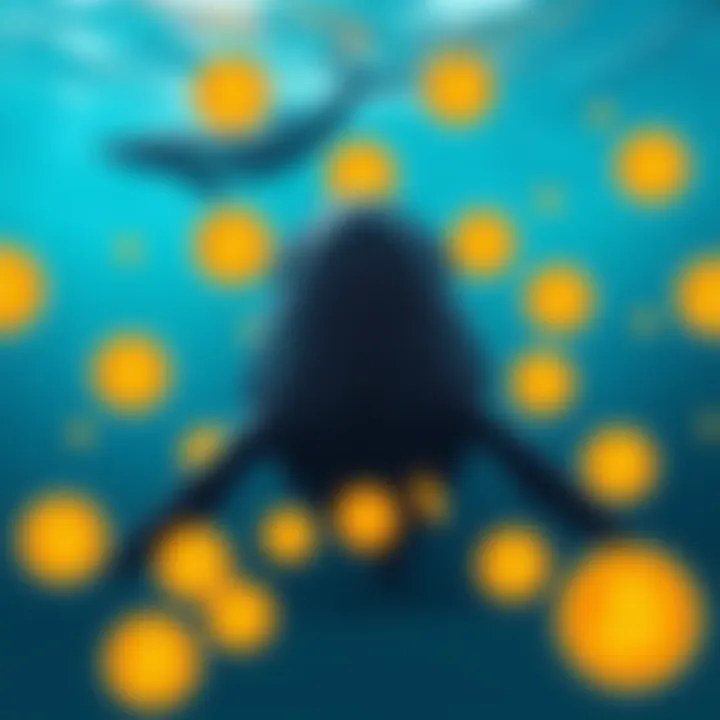 A large whale swims in the ocean with glowing Bitcoin symbols around it, representing cryptocurrency transactions without banks.