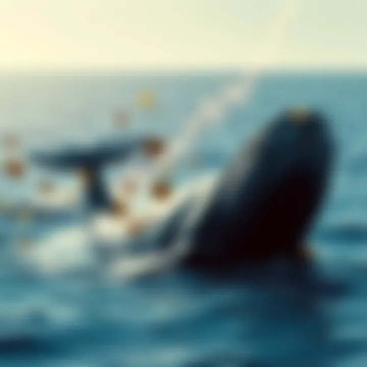 A large whale in the ocean, representing a significant player in the cryptocurrency market, releasing altcoins in front of a rising graph indicating market trends.