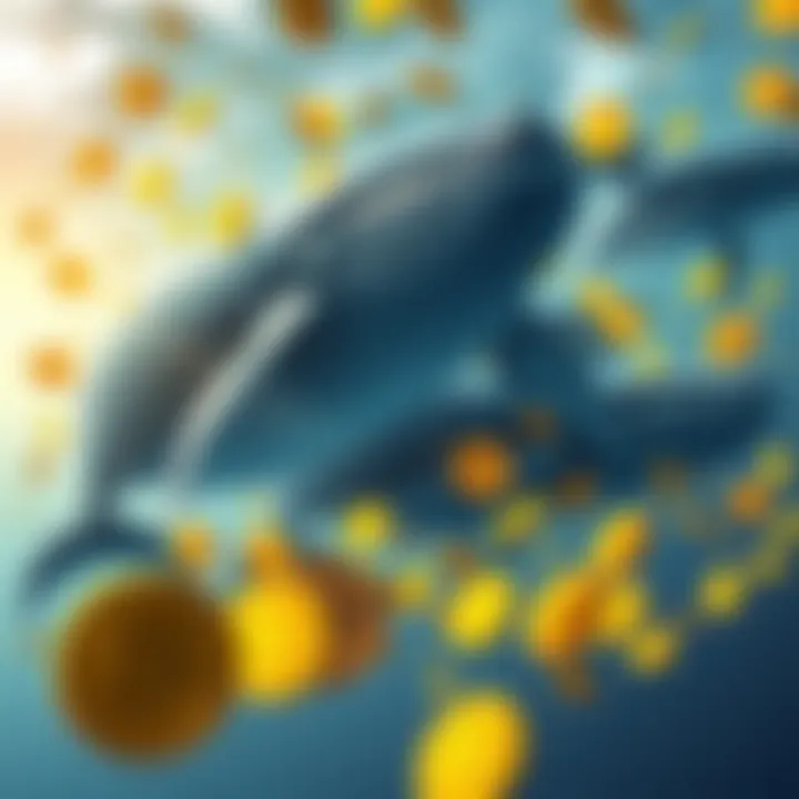 A group of large whales swimming together, representing big investors acquiring Bitcoin, with Bitcoin coins around them