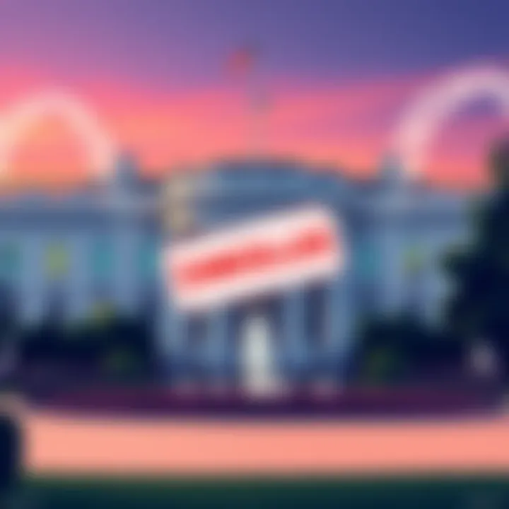 Illustration showing a White House building with a sign indicating cancelled meetings about stablecoin rewards, symbolizing banking sector issues