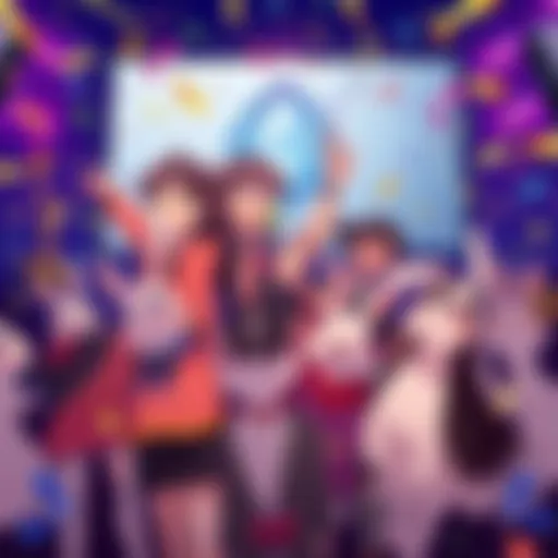 A group of animated characters from White Rabbit celebrating their Emmy win, surrounded by confetti and a digital screen displaying the Emmy logo.