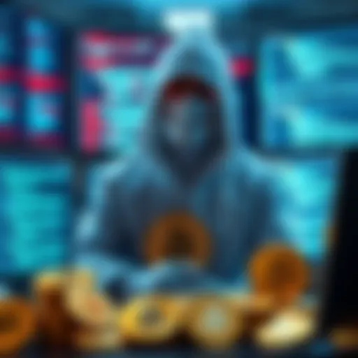 A liquid whitehat hacker sits in front of multiple computer screens displaying code and digital currency graphics, symbolizing a fortune in Bitcoin.