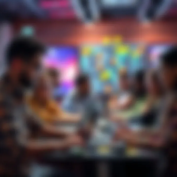 A group of diverse people collaborating at a hackathon, brainstorming innovative tech solutions with laptops and sticky notes.