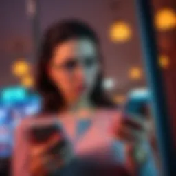 Woman questioning Bitcoin investment A woman looks concerned while checking her phone, thinking about her friend's Bitcoin investment and the fees involved.