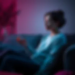 A young woman sitting on a couch, looking thoughtful while holding a pill bottle, symbolizing her struggles with mental health and relationship issues.