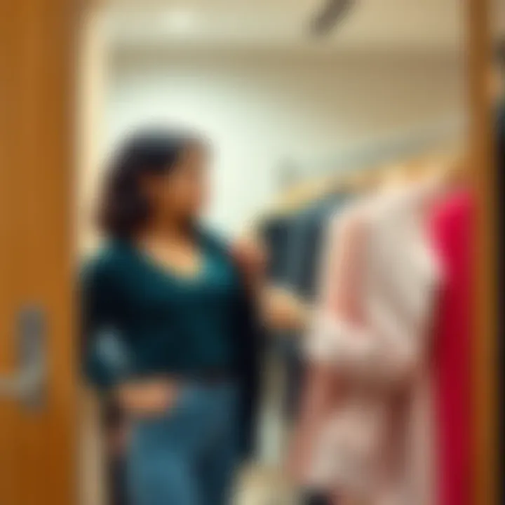 A woman stands in a fitting room, looking at herself in the mirror while trying on different clothes. She appears thoughtful and is holding a few outfits, considering fit and style.