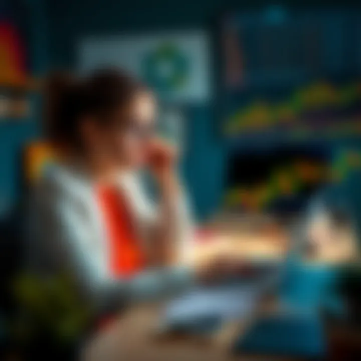 A 38-year-old woman sits at a desk with a laptop, studying cryptocurrency market trends and charts, looking determined as she plans her financial future.