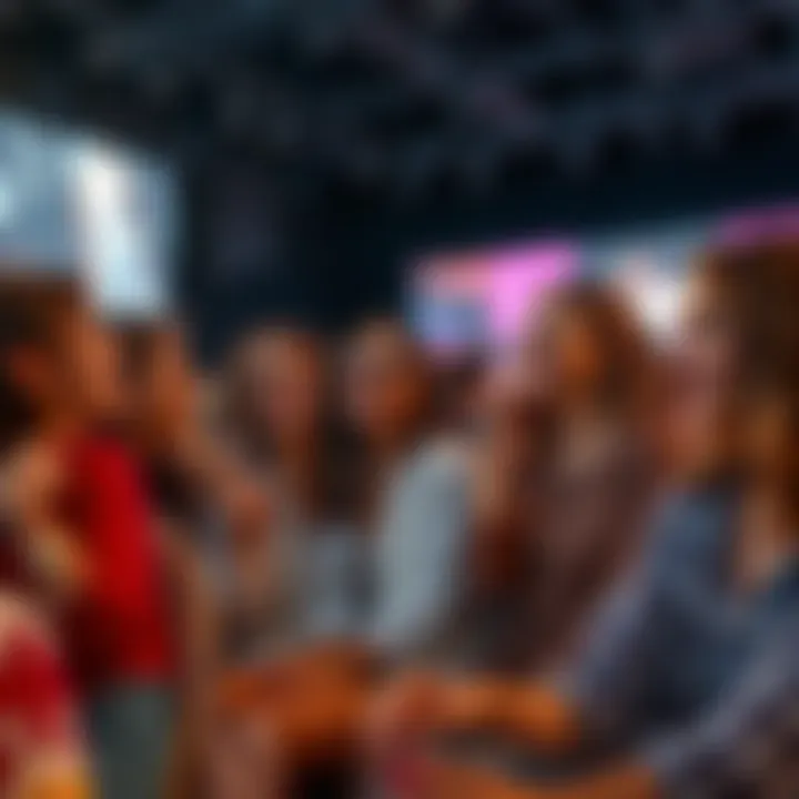 A group of women sitting together, observing a glamorous fashion show on a screen, showing mixed emotions and nostalgia.