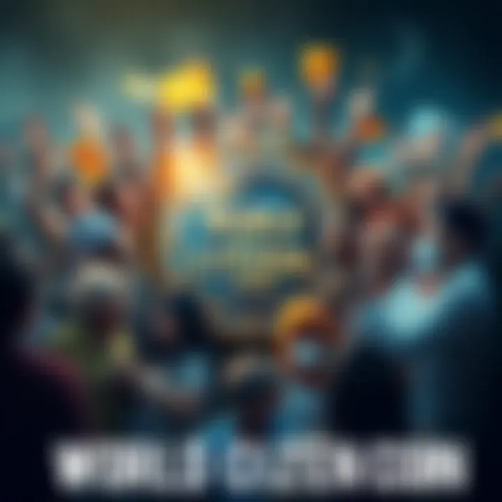 Illustration of a digital coin labeled 'World Citizen Coin' surrounded by diverse people contributing money for global causes.