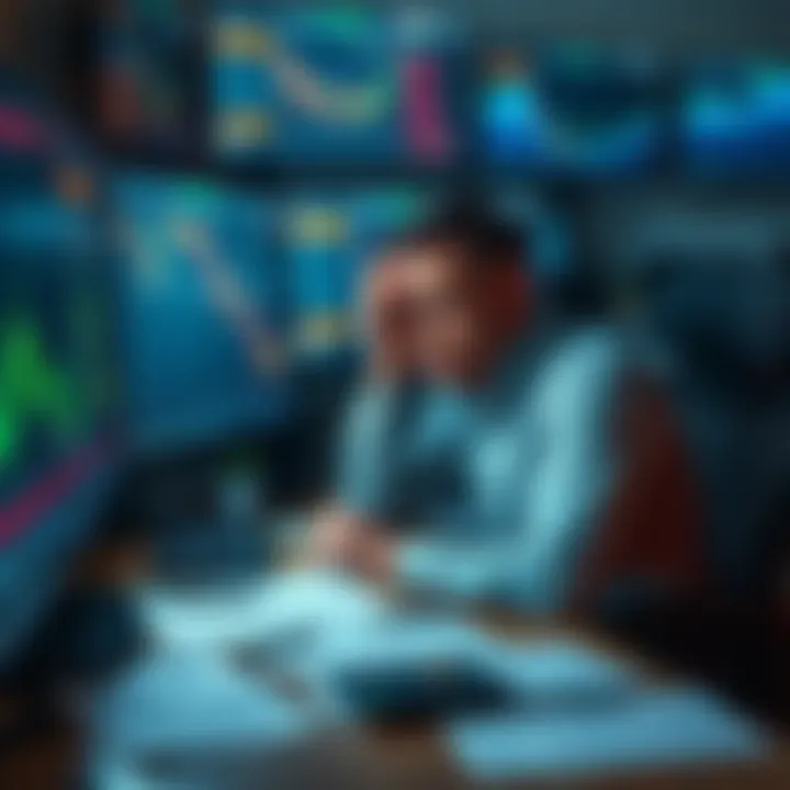A person sitting at a desk, looking worried while analyzing cryptocurrency charts on multiple screens, surrounded by financial papers and a calculator.
