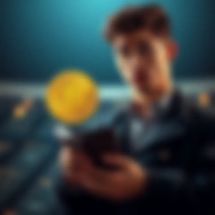 Individual pondering financial choices with a Bitcoin logo and empty wallet