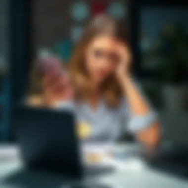Concerned woman checking her phone about Bitcoin A worried woman looking at her phone, questioning Bitcoin fees while sitting at a table with a laptop and papers about investments.
