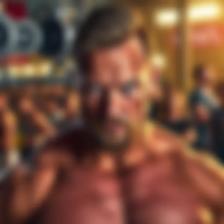 A man with a serious look, representing Wyatt, stands against a backdrop of weights and a blurred crowd, symbolizing his integrity and steroid controversy.