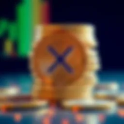 A close-up view of several stacked XRP coins, highlighting the unique design and logo, symbolizing investment in cryptocurrency.