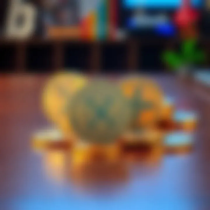 A close-up view of several XRP coins placed on a wooden table, symbolizing investment potential.