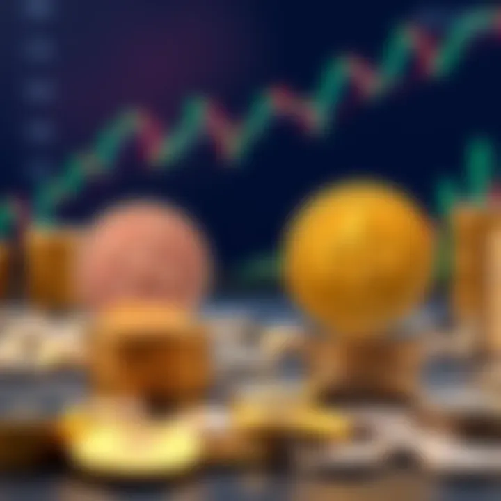 A visual comparison of XRP and ETH coins representing investment choices, with stacks of coins and financial charts in the background.