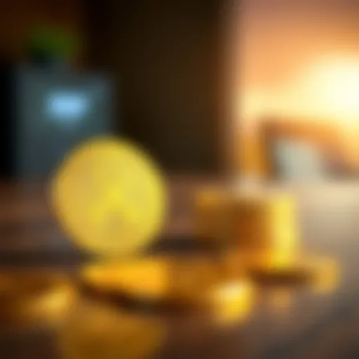 A close-up view of an XRP coin next to gold coins on a wooden table, symbolizing the relationship between cryptocurrency and gold during market fluctuations.