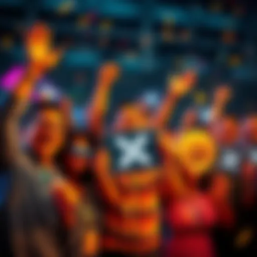 A group of diverse people celebrating with smiles and holding cryptocurrency logos, symbolizing the rise of XRP after political support.